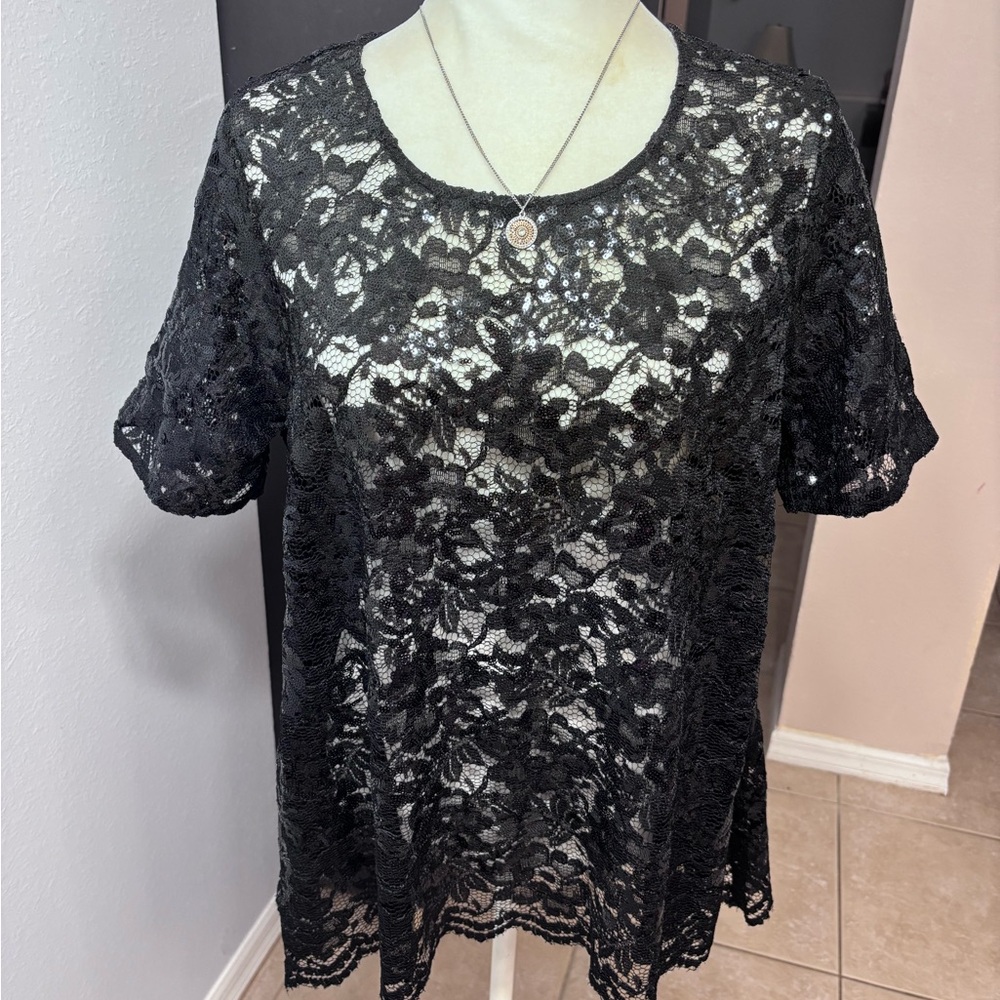 Karen Kane Black Short Sleeve Lace Blouse